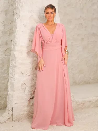 Vestido longo chiffon com manga fluida e fenda